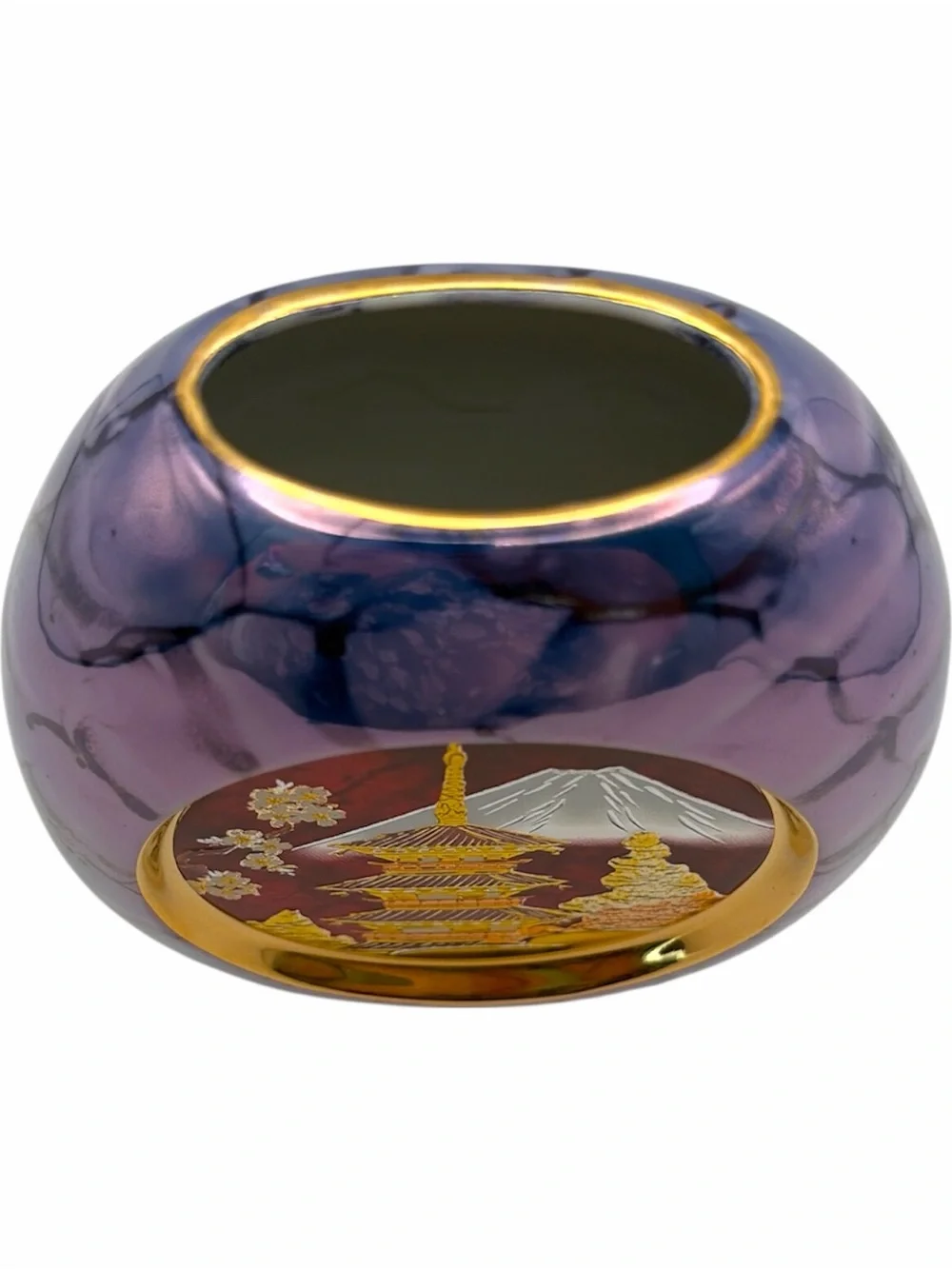 Vintage Art of Chokin Vase Purple Mount Fuji Temple 24K Gold Trim Japan